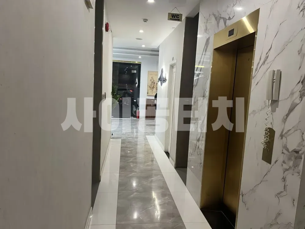 대리석 복도와 황금색 엘리베이터