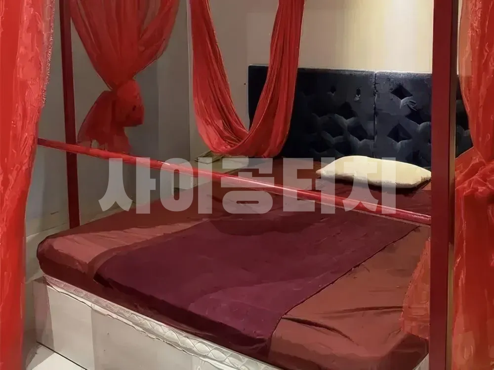 붉은 장식의 캐노피 침대와 검은색 헤드보드