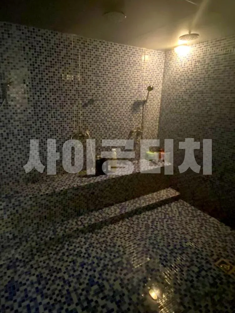 파란색 모자이크 타일로 꾸며진 샤워실