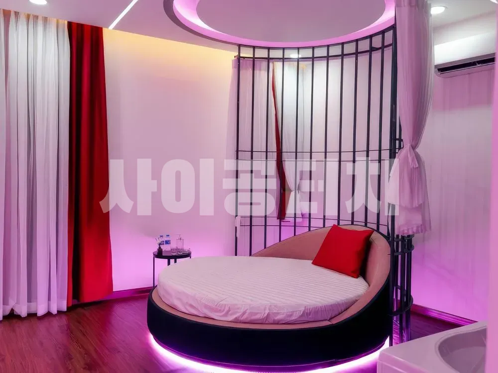 핑크 조명 아래 원형 침대 객실