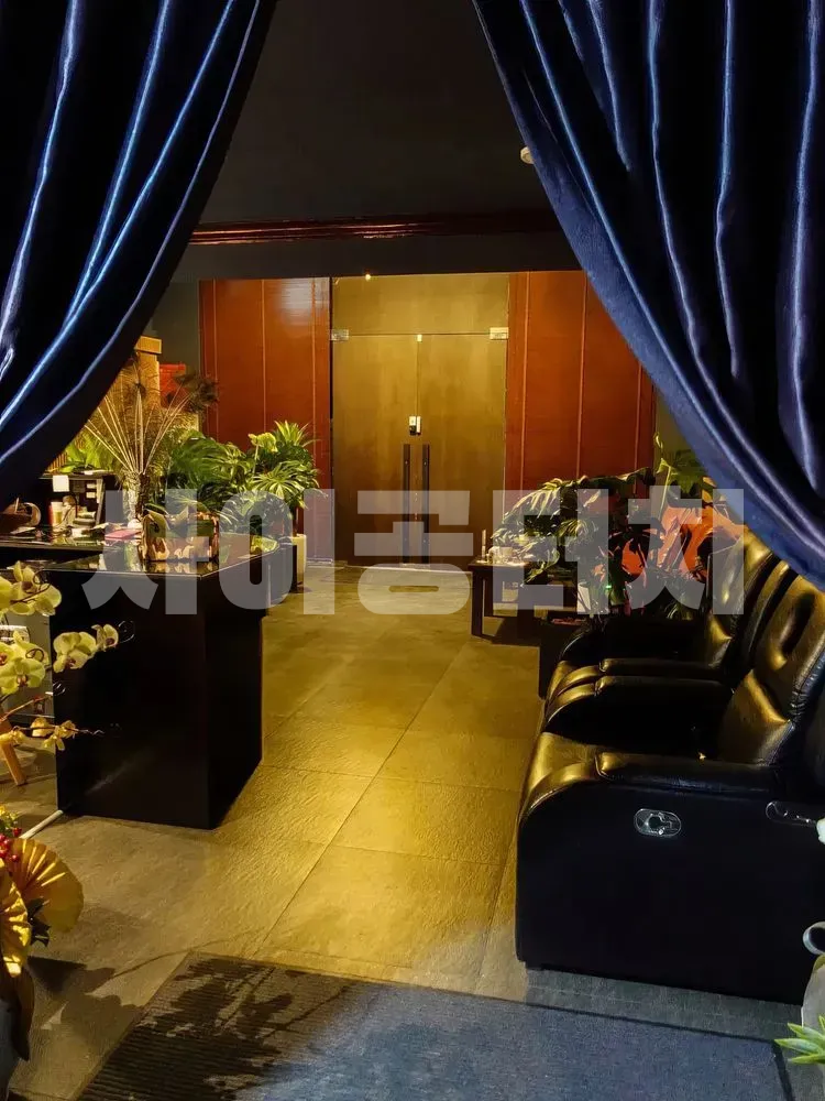 스파 입구의 검은색 벨벳 커튼